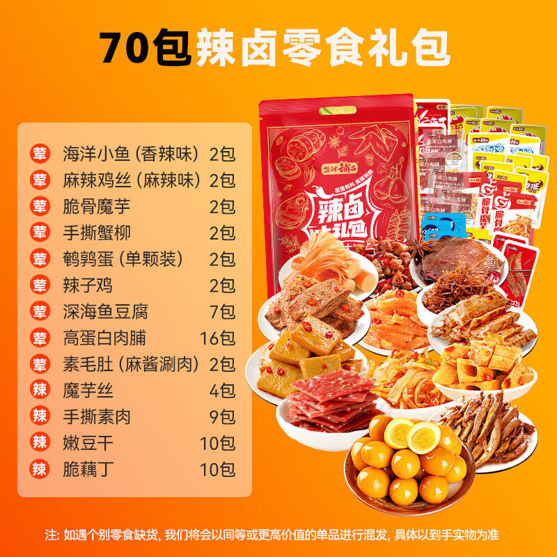 盐津铺子新年春节年货礼盒 送礼团购年货大礼包 坚果/卤味 零食大礼包 辣卤零食散装礼包(70包)约480g 1件