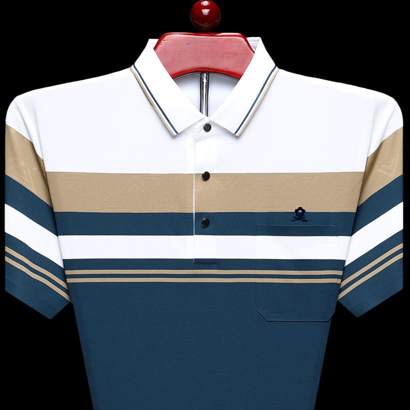 梦特娇（MONTAGUT）短袖t恤男休闲翻领POLO衫2024夏季桑蚕丝爸爸口袋条纹T恤 蓝色 S  165/84A