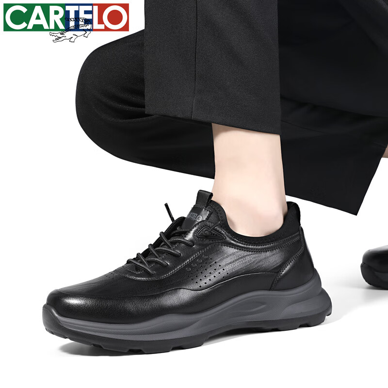 卡帝乐鳄鱼新款春秋休闲皮鞋男士时尚百搭软底鞋子舒适男士商务黑色真皮男鞋 黑色 42