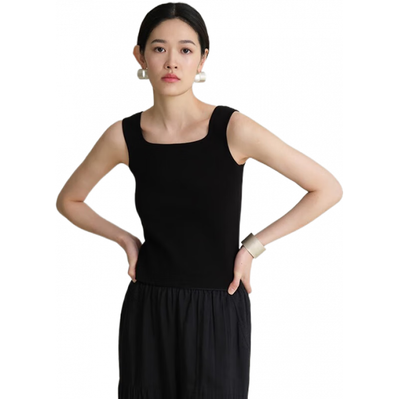 旅途原品ltyp 桑蠶絲背心坎肩女吊帶亞麻內(nèi)搭棉復(fù)古小方領(lǐng)坎肩新款內(nèi)搭春 靜謐黑