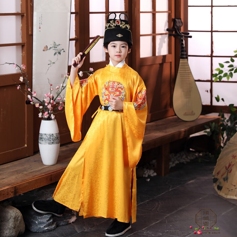 FANQI古代唐朝皇帝龍袍漢服明朝朱璋侍衛(wèi)錦衣衛(wèi)飛魚服公子哥王爺書生 皇帝黃色（衣服+帽子腰帶） M 160c
