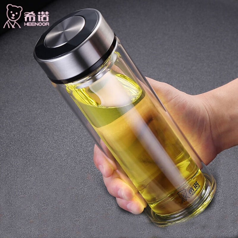 希诺(heenoor)玻璃杯双层隔热加厚水杯高档商务家用加厚带盖过滤泡茶杯子 380ml-本色7073-大小适中
