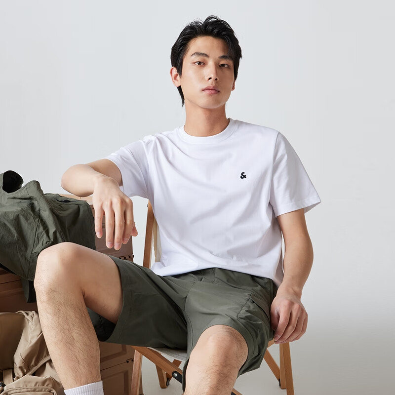 杰克·琼斯（JACK&JONES）26年男装四季打底T恤男士凉感透气多色情侣款短袖t恤水洗不易走形 白色A06 M 175 京东折扣/优惠券