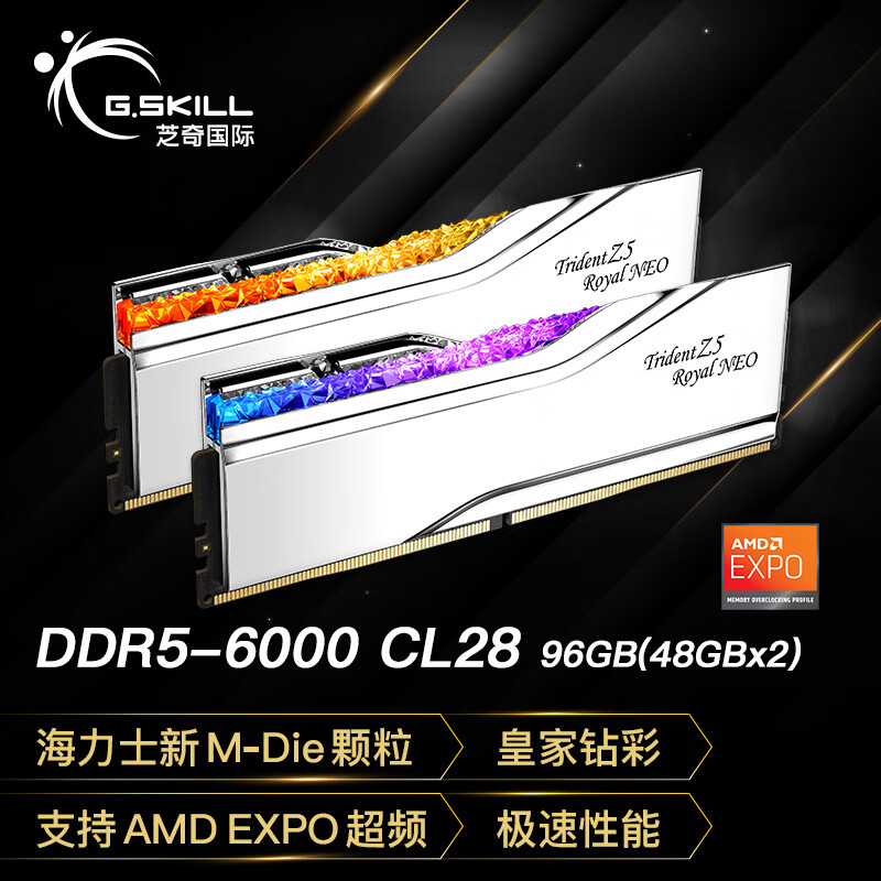 G.SKILL芝奇（G.SKILL）96GB(48Gx2)套装 DDR5 6000频率 台式机内存条-皇家戟EXPO版RGB灯条-银色/C28