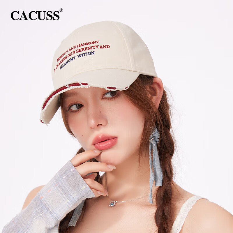CACUSS棒球帽女春夏大头围帽子男字母刺绣美式破洞嘻哈鸭舌帽女 米白色