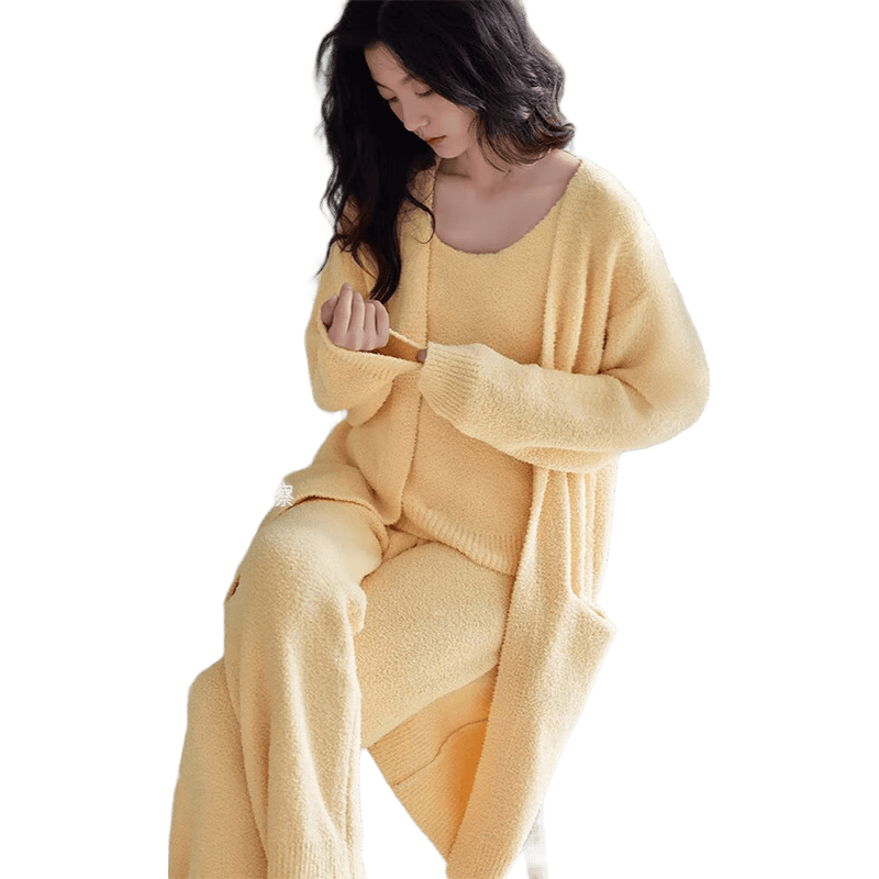 古今（GUJIN）半边绒睡衣女秋冬珊瑚绒加绒加厚家居服吊带睡裤睡袍浴袍三件套