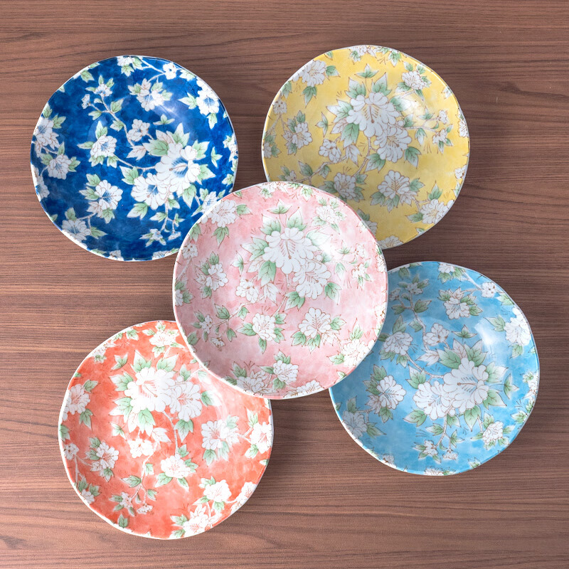 美浓烧日本进口釉下彩木槿花8.5英寸5件