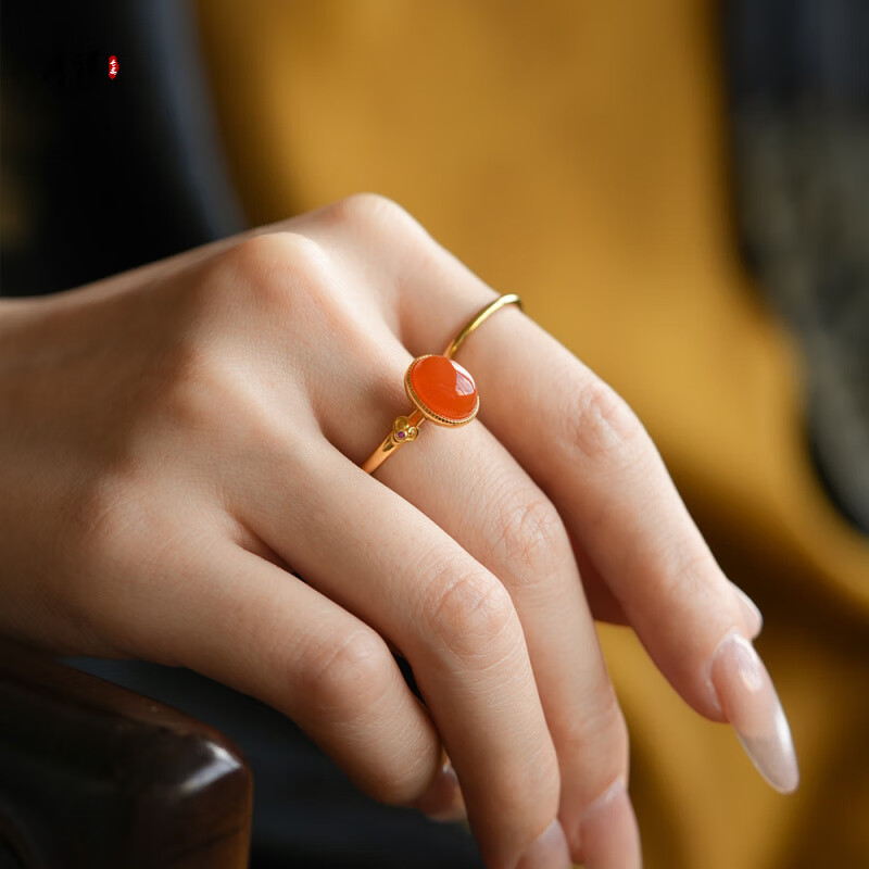 庫祥天然冰種南紅瑪瑙戒指蛋面紅色寶石2025蛇年本命年禮物女 《娉婷》南紅瑪瑙開口戒(含鑒定