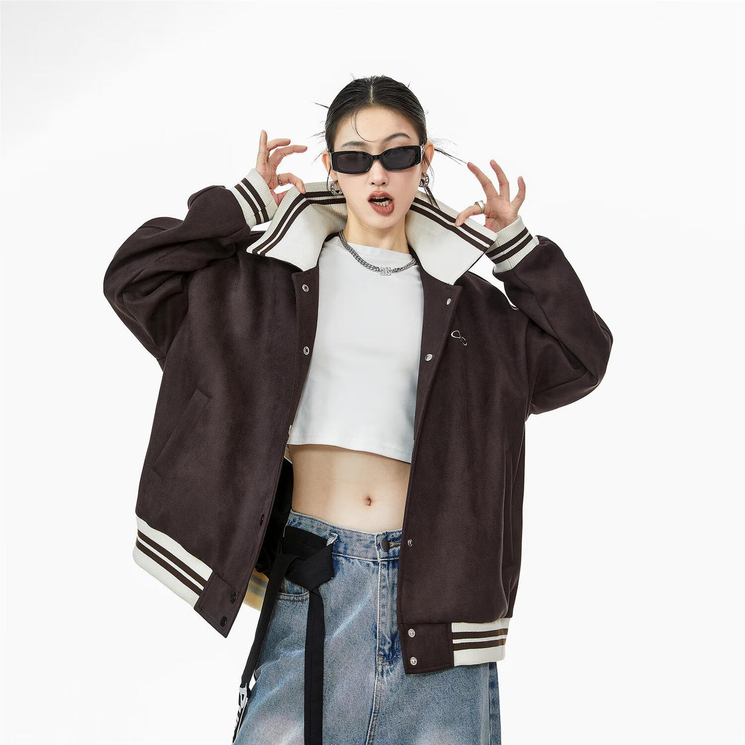 ICH MODE美式巴恩风麂皮绒夹克外套女2025年新款春季棒球服外套男 咖色 M