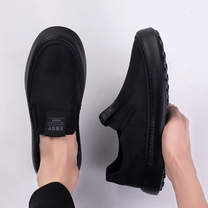 LZXB品牌断码清仓轻奢男鞋板鞋休闲帆布鞋潮鞋一脚蹬男士老北京布鞋男 黑色莱卡布面-【高端男鞋】 42