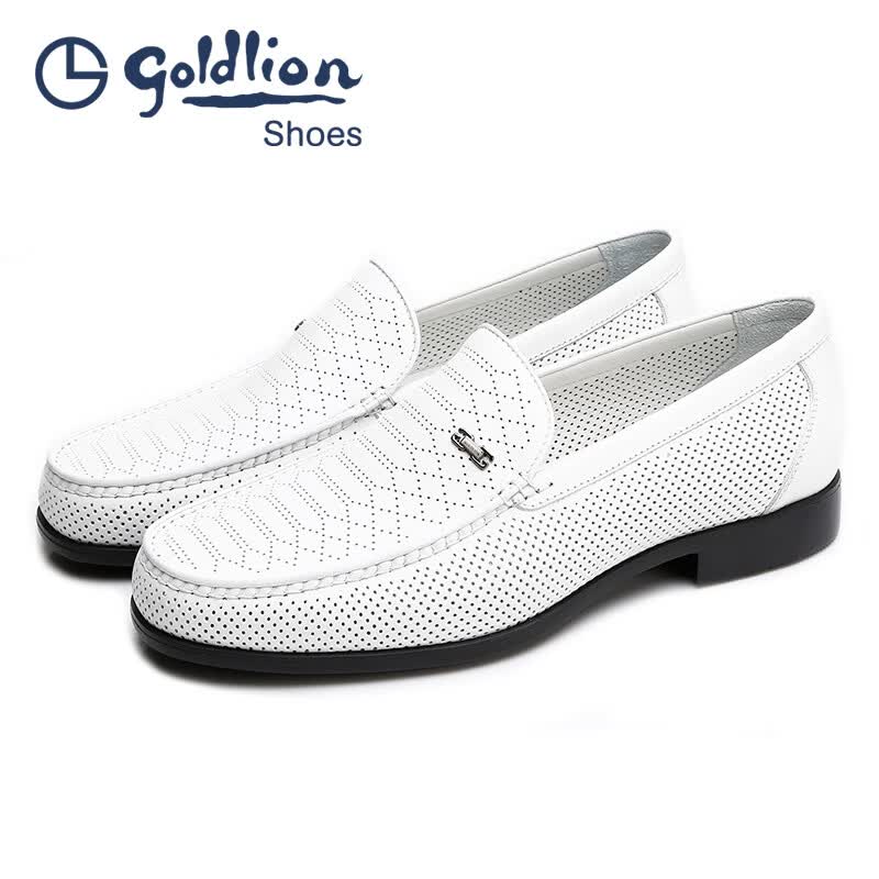 金利来(Goldlion)白色凉鞋男 夏季男士冲孔凉皮鞋 圆头套脚镂空透气商务休闲鞋 白色 39 比标准码皮鞋偏大一码