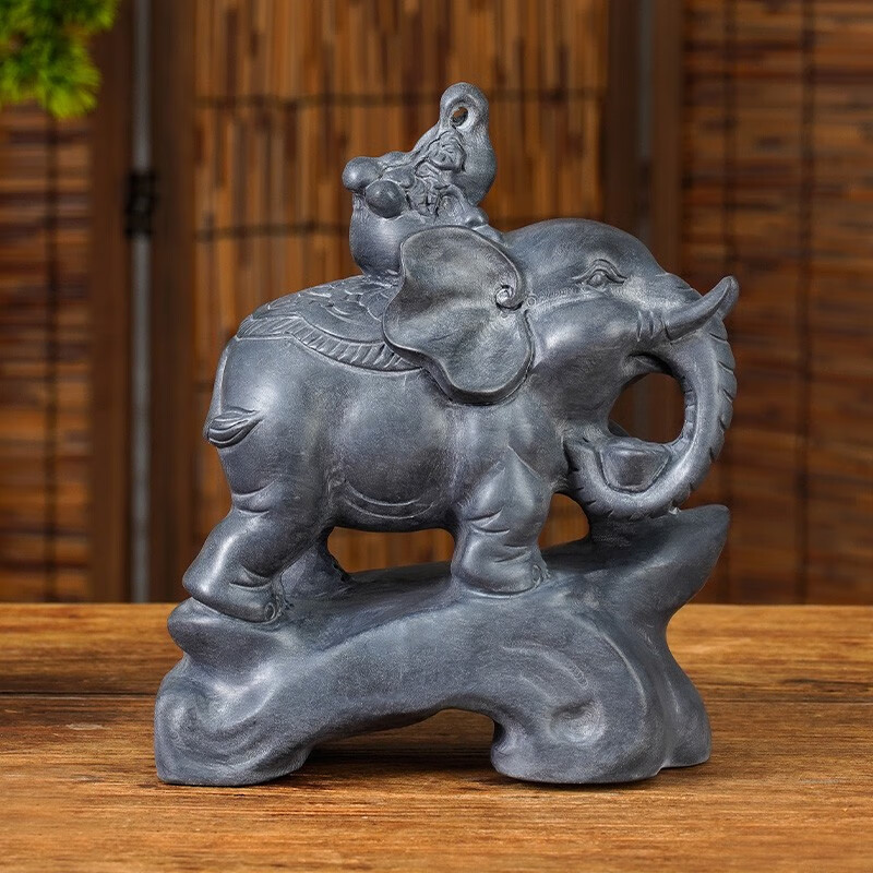 红运来石雕大象一对门口看门家居摆件青石原石雕刻石象门前门口石头小象 高22长19宽10厘米一只葫芦象
