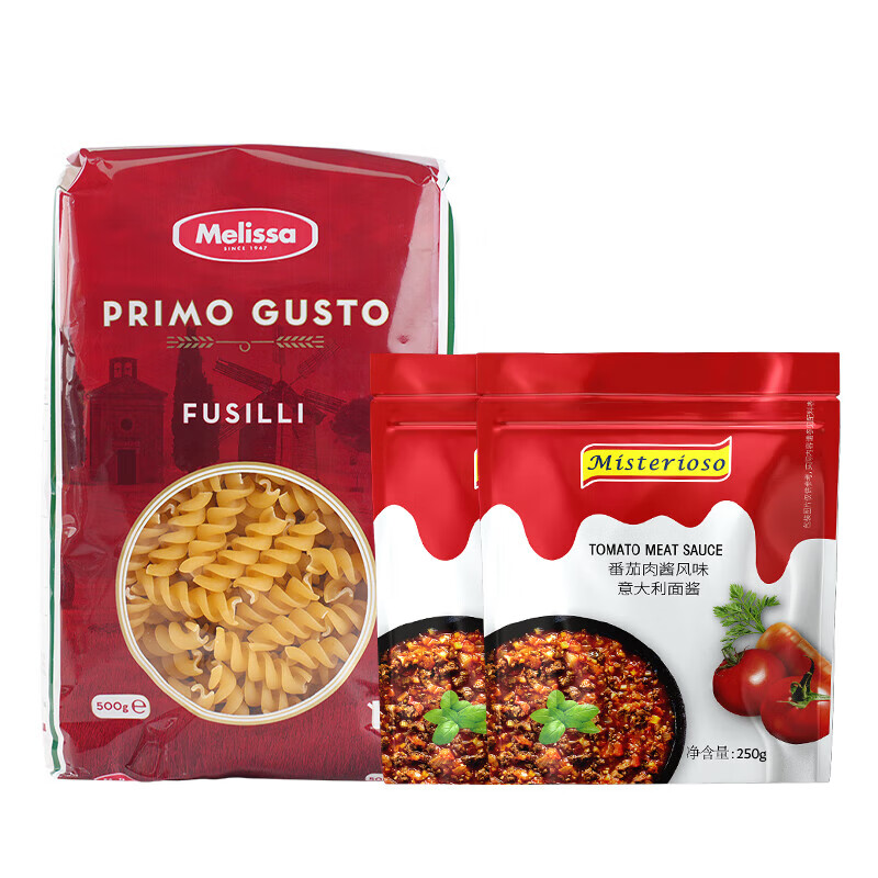 麦丽莎螺旋形意大利面500g+番茄肉酱 250g*2面酱组合装（5人份） 螺旋意面500g+意面酱250g*2