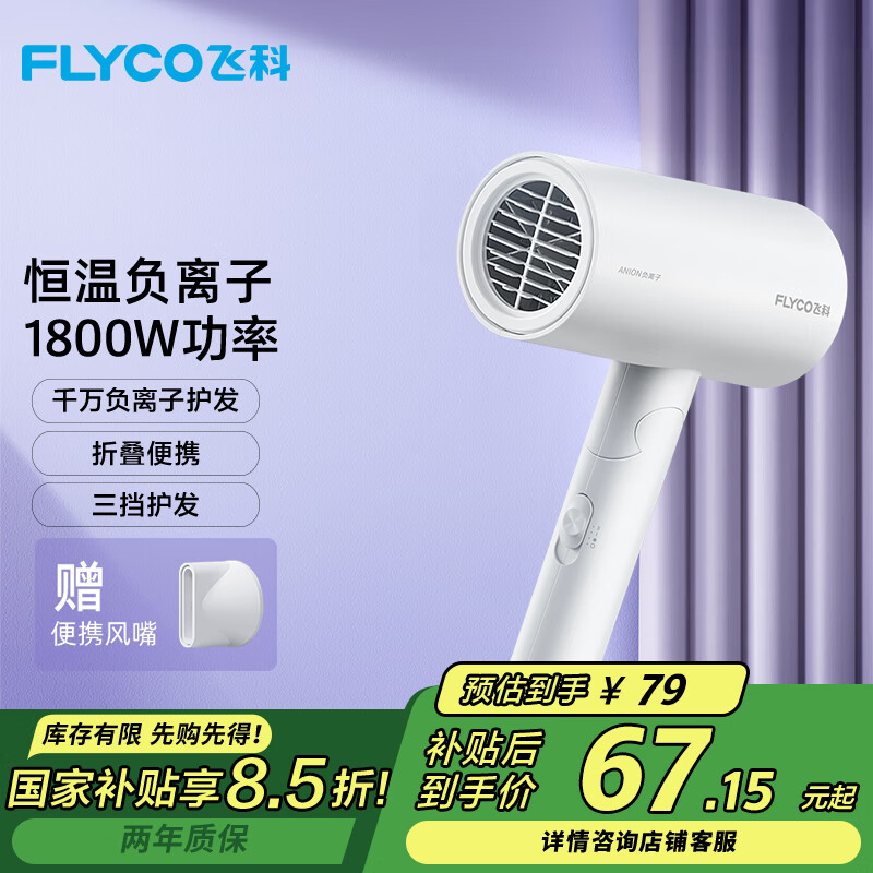 �ɿƣ�FLYCO���紵������ô��ʲ��˷����������Ӵ���Ͳ����ѧ����Я���۵� ��1800W���۵���FH6276-�̰�ɫ