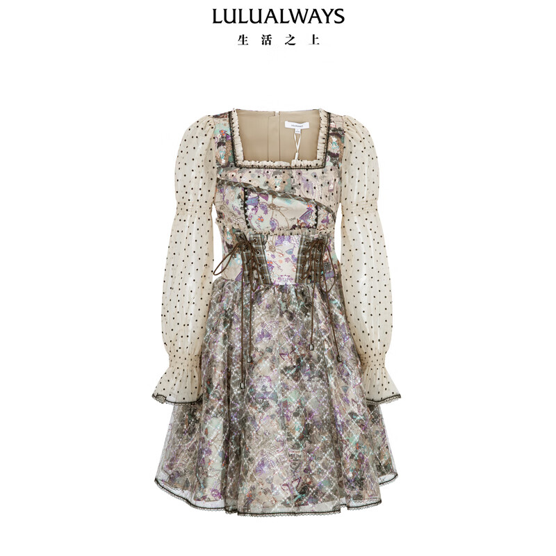 LULUALWAYS【商场同款】25春季新款浪漫优雅方领提花刺绣连衣裙女 紫色 M
