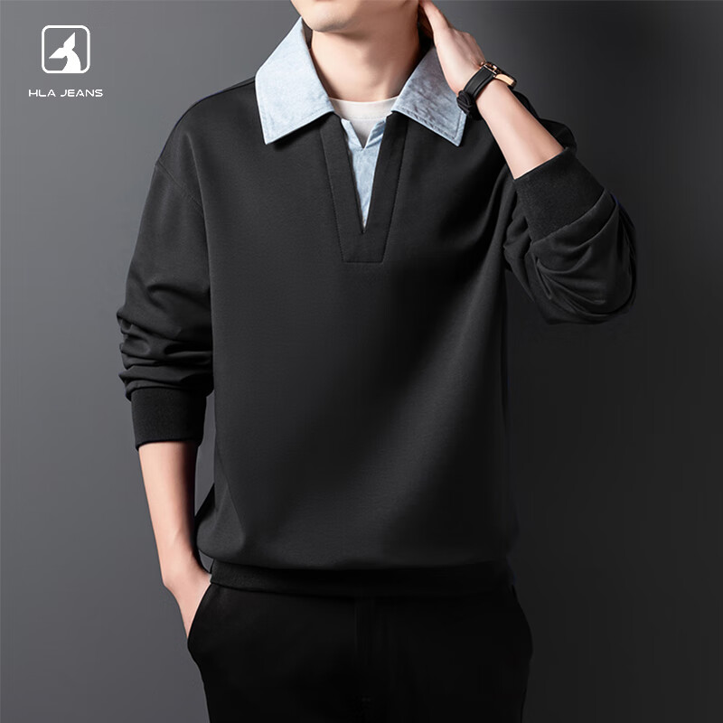 黑鲸男士卫衣春秋款假两件V领长袖高端休闲男装上衣 白色 2XL