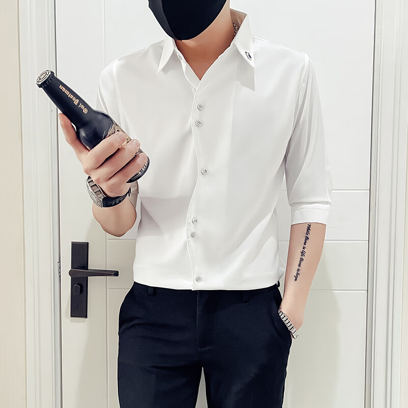 iosn男士春秋季七分袖衬衫设计师款潮牌发型师男装高级感痞帅短袖衬衣 白色 M[建议110斤以内] 均码