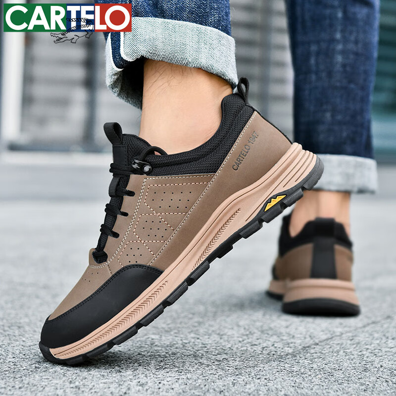 卡帝乐鳄鱼男鞋秋冬季新款男士休闲皮鞋时尚运动休闲鞋百搭舒适旅游鞋子 卡其 5607 39