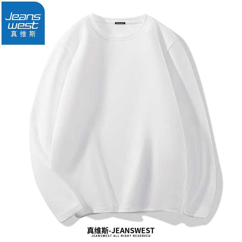 真维斯（Jeanswest）长袖t恤男圆领双面绒纯色加绒打底衫冬季居家休闲内搭上衣服男装 白色 M