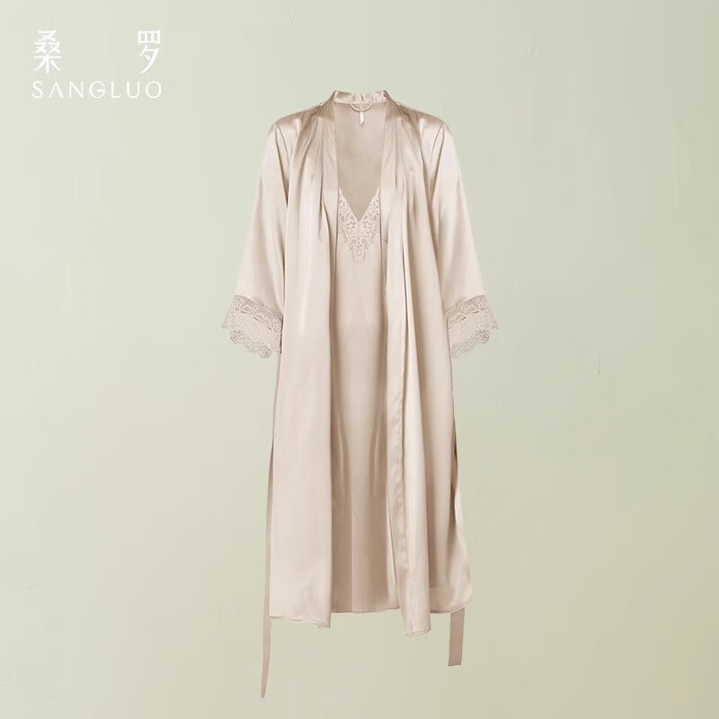 桑羅真絲吊帶睡裙睡袍兩件套女紅色新婚新娘晨袍蕾絲睡衣家居服 粉蝶杏（睡裙+晨袍） 啞光真絲 M （穿到100斤）