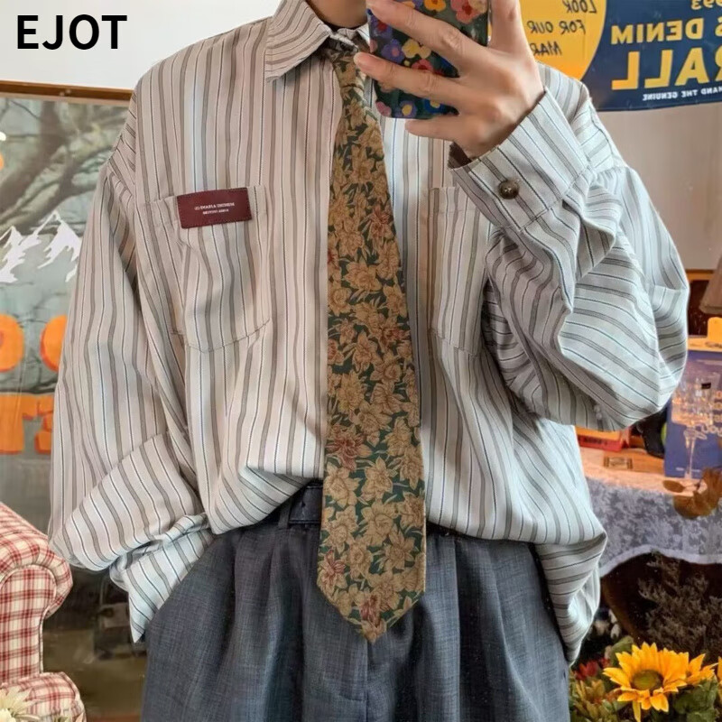 EJOT日系簡約條紋襯衫男春休閑寬松豎紋2025新款復(fù)古原宿學(xué)院風(fēng) 白色 無搭配領(lǐng)帶 3XL