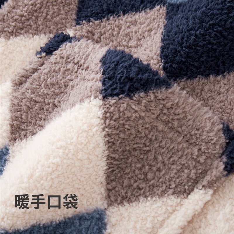 都市丽人家居服情侣款米粒绒开襟上衣厚款保暖外出经典格纹开衫家居服上衣 深普蓝-男 XL