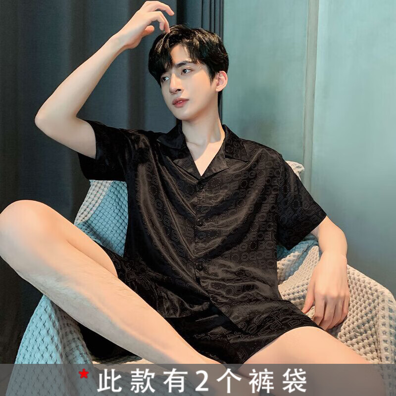 雅鹿冰絲睡衣男士夏款夏季薄款短袖褲男生仿真絲綢夏天涼感家居服套裝 NSJYI-G710 3XL (建議180-200斤)
