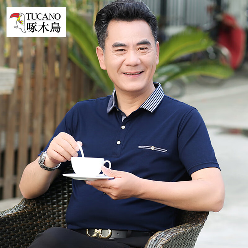 啄木鸟短袖T恤男 爸爸t恤40-50岁翻领夏季中年爷爷装中老年人冰丝薄款 1194藏蓝 M /165