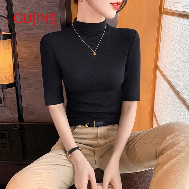 古今（GUJIN）中袖螺紋短袖半高領(lǐng)T恤女打底衫女夏季薄款2025新款修身高級(jí)