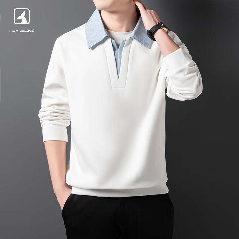 黑鲸男士卫衣春秋款假两件V领长袖高端休闲男装上衣 白色 2XL