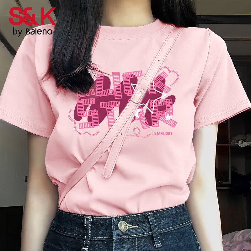 班尼路S&K系列粉色短袖t恤女2025夏季新款休闲百搭宽松短款上衣服 粉-粉luck白星 L