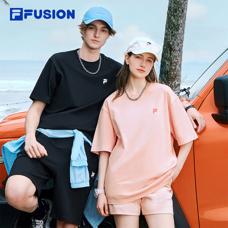 斐乐 FUSION斐乐潮牌女装情侣款针织短袖衫春夏新款凉感防晒宽松T恤 正黑色-BK M （170/92A/M）