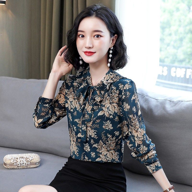 凡摩喬碎花雪紡衫女2025春夏長(zhǎng)袖遮肚上衣 綠色 S 85-斤