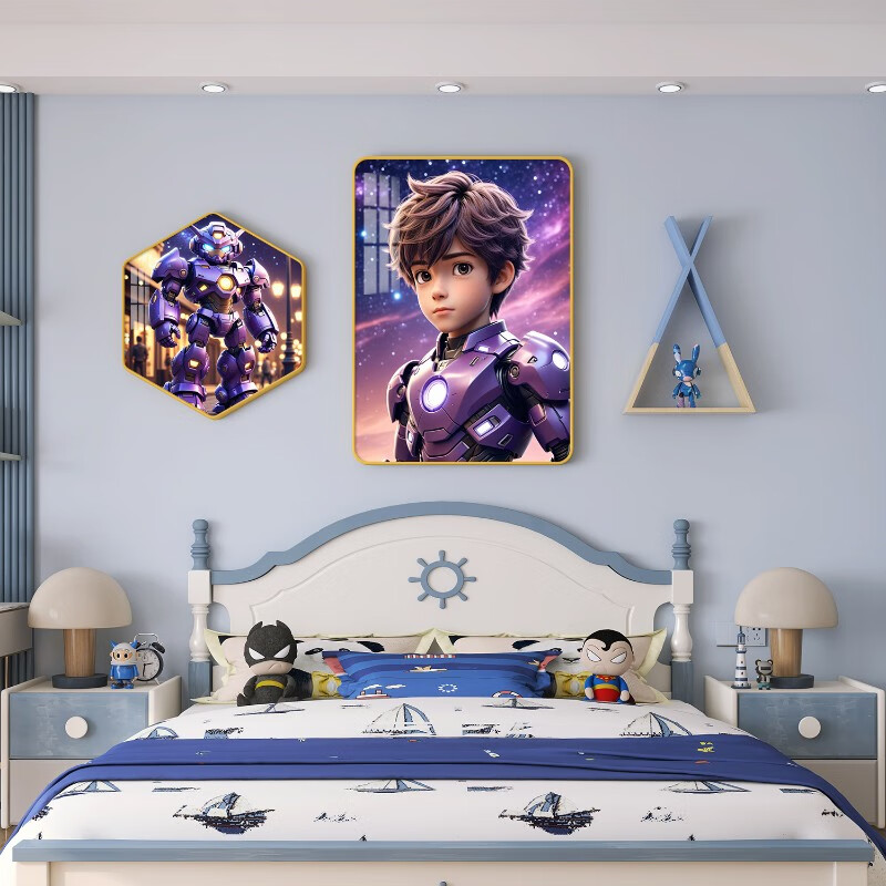 现代女孩儿童房装饰画男孩儿卧室床头挂画公主房间背景壁画免打孔 紫蝎战甲(蓝架子) PVC黑色(28寸)1.5-1.8米床
