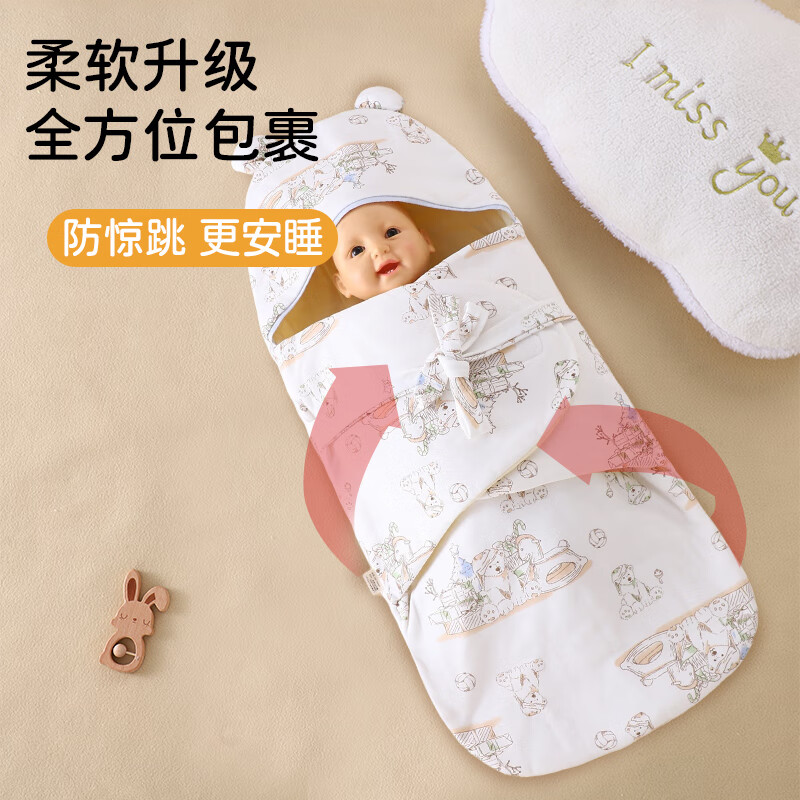 贝优先婴儿睡袋新生儿防惊跳包被春秋冬初生一体抱被纯棉加厚包裹襁褓被 顽皮小熊【寒冬款/加厚豆豆绒】 75*83cm(0-6个月适用)