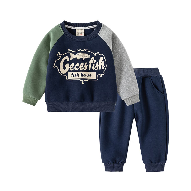 WELLKIDS童装春季新款儿童套装男童卫衣卫裤宝宝卡通套头两件套春装 灰色汽车 90