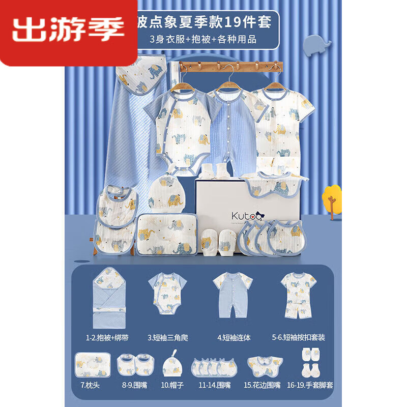 嘟嘟家新生兒禮盒嬰兒衣服純棉套裝夏季款初生兒滿月百天寶寶高檔用品 波點小象夏季款19件套【禮盒裝AR- 59cm （適合0-3個月的寶寶）