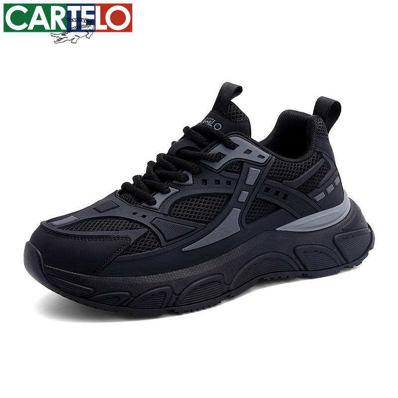 卡帝乐鳄鱼男鞋春夏季透气网面休闲鞋厚底增高老爹鞋子男潮流百搭跑步运动鞋 黑色 43