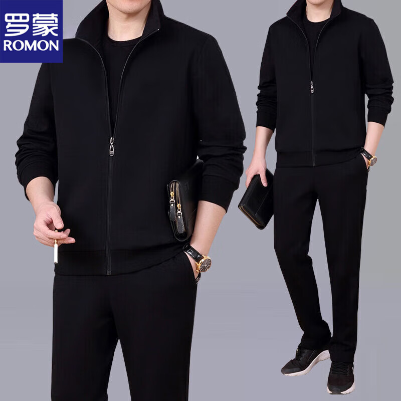 罗蒙(ROMON) 中老年运动套装男士三件套 秋冬季中年爸爸装棉质外套裤子运动服 29008黑色(三件套) XL(建议体重120-140斤)