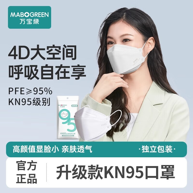 万宝绿kn95口罩3d立体女高颜值2025新款一次性鱼嘴柳叶透气防尘男不勒耳 KN95级【白色100只】-独立装 热销款