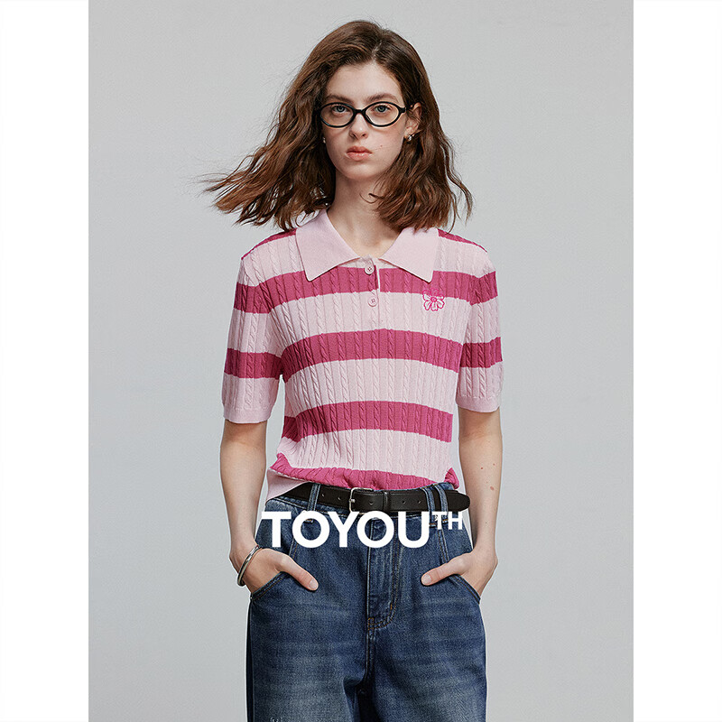 初语复古绞花短袖针织衫女2025夏季新款条纹polo领莱赛尔小衫上衣 粉色间条 S