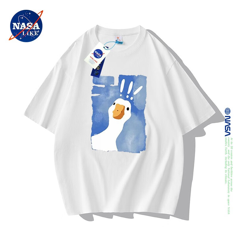 NASA LIKE短袖t恤男女夏季宽松圆领重磅纯棉打底衫学生情侣装大白鹅ins半袖 白色-探头鸭 L  推荐110-130斤