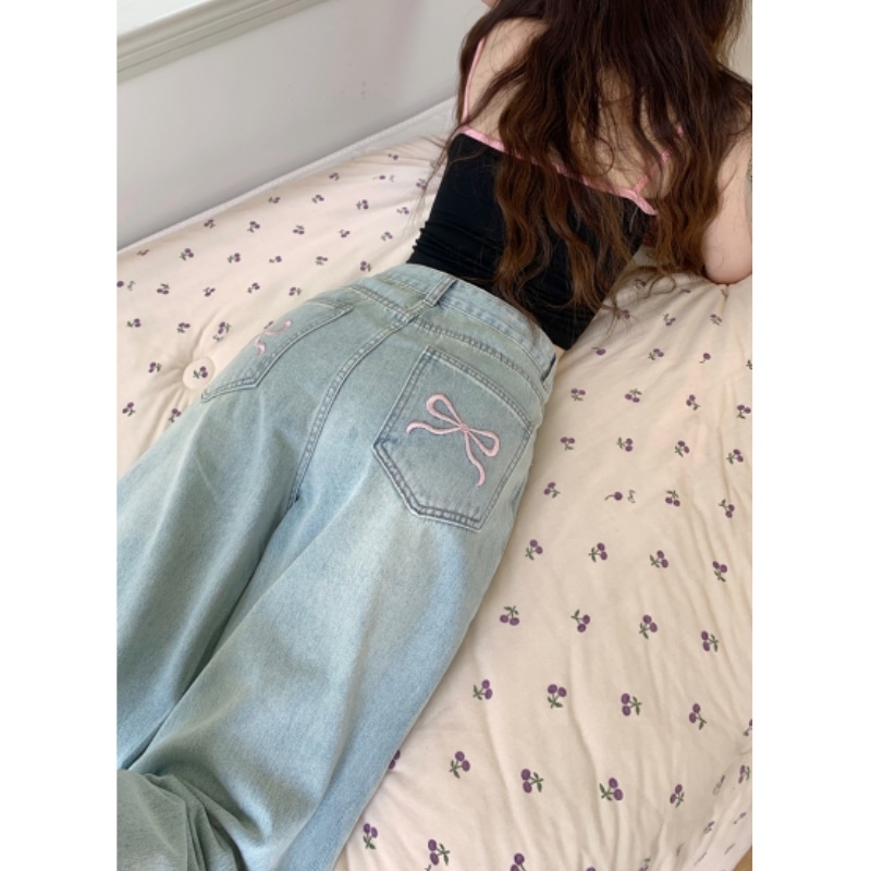 清中乔小个子浅色蝴蝶结阔腿牛仔裤女春秋新款高腰宽松显瘦直筒长裤 浅蓝色小个子款(145-155) XS