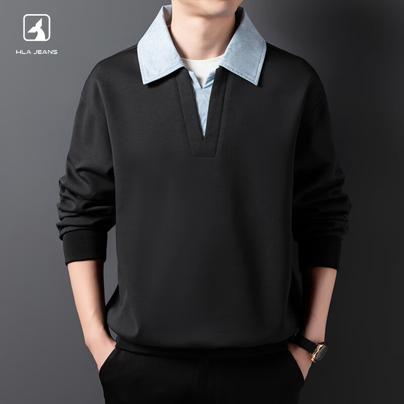 黑鲸男士卫衣春秋款假两件V领长袖高端休闲男装上衣 白色 2XL