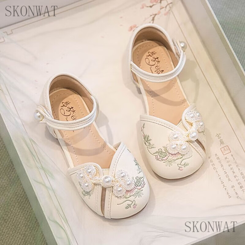 SKONWAT女童汉服鞋夏季国风鞋春秋儿童配马面裙鞋子中式绣花鞋古风童鞋 米色 31码内长19.3cm