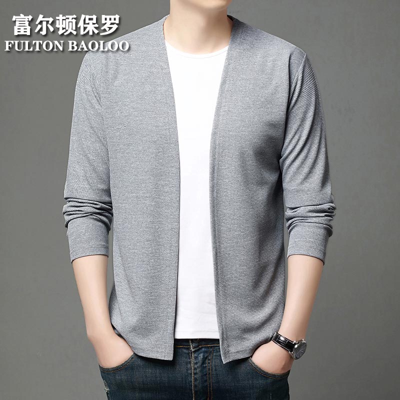 FULTON BAOLOO 富尔顿保罗男士开衫2025年春秋季纯色简约外套男装中青年时尚休闲百搭毛衣服 亚麻灰 L (170) (建议120到140斤穿)