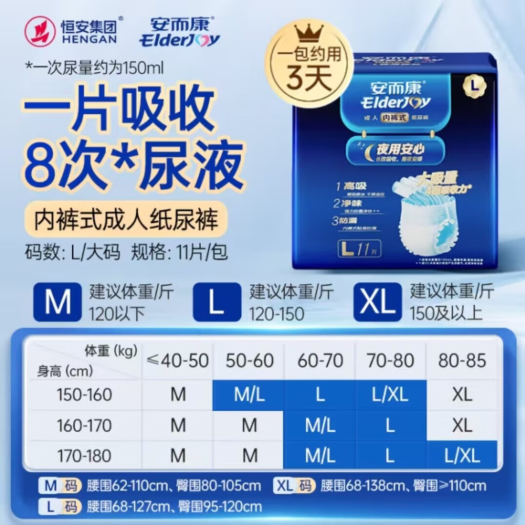 安而康（Elderjoy）【春节发货】夜用安心成人拉拉裤 老人用尿不湿 产妇内裤式纸尿 【一夜一片】 夜用安心 L码 66片 /箱