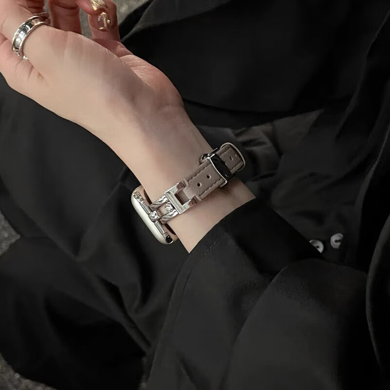 耐胜钢苹果手表iWatch s10表带带钻拼真皮AppleWatch表带Ultra12高级S987654女生轻奢简约百搭新品表链 风衣灰+送表壳【不含表】 适用iwatch 3/2/1【38MM表盘】