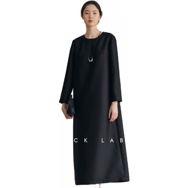 旅途原品ltyp 黑標(biāo)系列「夜曲」真絲羊毛輕社交連衣裙極簡(jiǎn)優(yōu)雅長(zhǎng)裙 靜謐黑（預(yù)估10-15天發(fā)貨） L