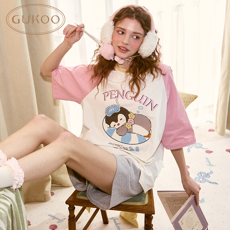果壳（Gukoo）睡衣女夏季新款卡通插肩袖短袖女士家居服套装 粉色套装 M